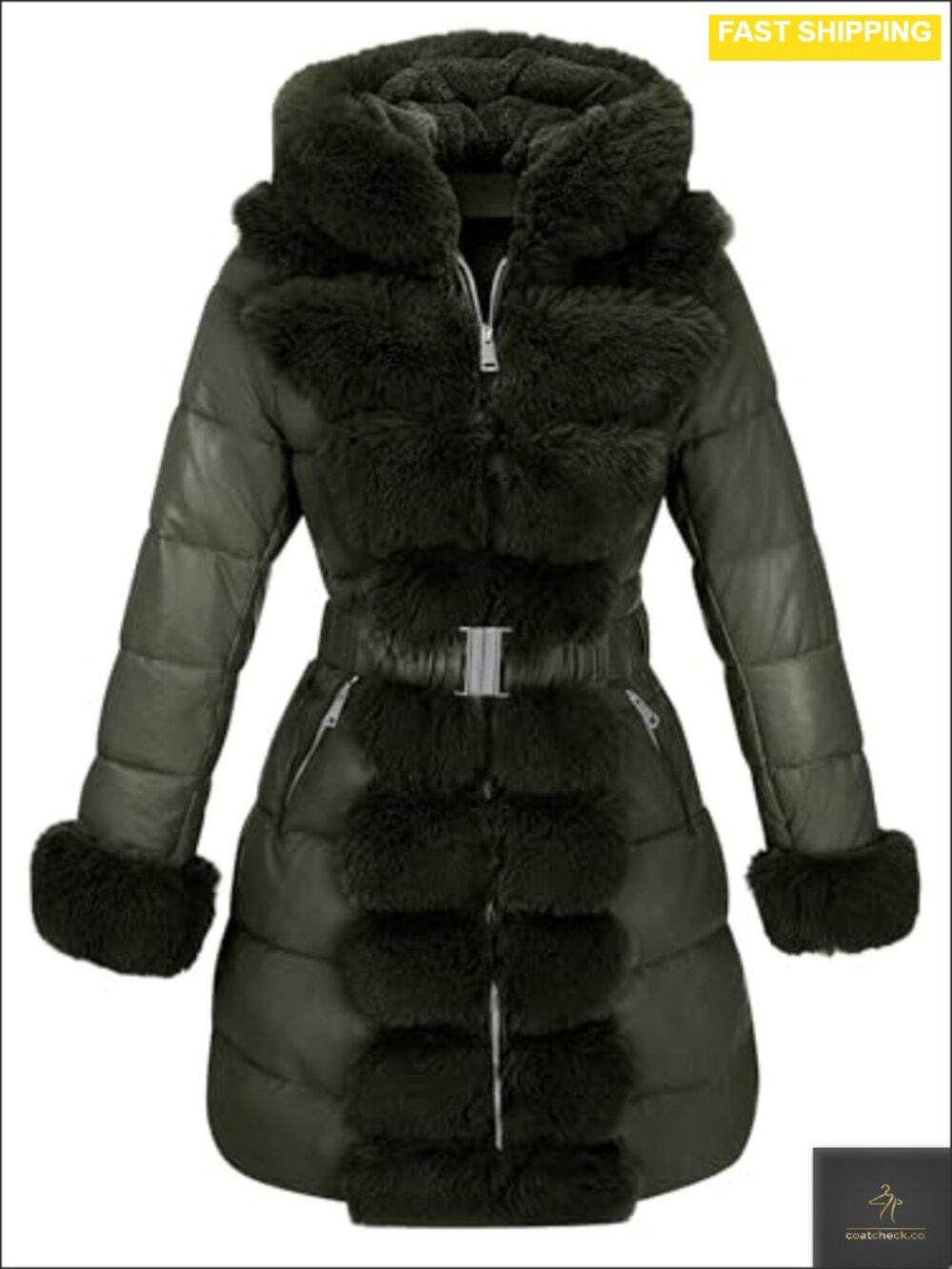 RISISSIDA Women Faux Leather Puffer Coat Hooded Quilted Belted